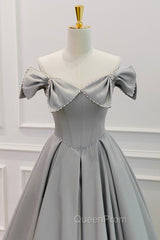 Gray Satin Floor Length Evening Dresses with Pearls, Cute A-Line Evening Prom Dresses