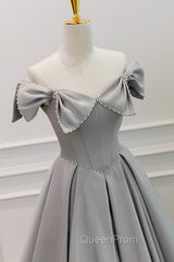 Gray Satin Floor Length Evening Dresses with Pearls, Cute A-Line Evening Prom Dresses