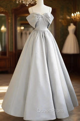 Gray Satin Long Evening Prom Dresses, A-Line Spaghetti Straps Evening Graduation Dresses