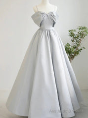 Gray Satin Spaghetti Straps Pearls Prom Dress