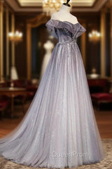 Gray Scoop Neckline Tulle Long Evening Dresses, A-Line Evening Graduation Dresses