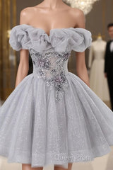 Gray Scoop Neckline Tulle Sequins Short Evening Prom Dresses, A-Line Off The Shoulder Evening Party Dresses