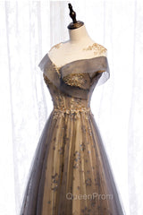 Gray Scoop Tulle Sequins Long Evening Prom Dresses, A-Line Evening Party Dresses