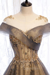 Gray Scoop Tulle Sequins Long Evening Prom Dresses, A-Line Evening Party Dresses