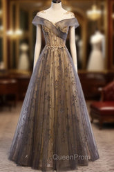 Gray Scoop Tulle Sequins Long Evening Prom Dresses, A-Line Evening Party Dresses