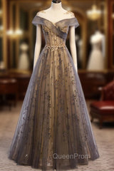 Gray Scoop Tulle Sequins Long Evening Prom Dresses, A-Line Evening Party Dresses