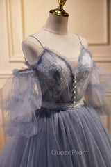 Gray Spaghetti Strap Lace Long Evening Prom Dresses, Off the Shoulder Evening Party Dresses