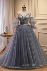 Gray Spaghetti Strap Lace Long Evening Prom Dresses, Off the Shoulder Evening Party Dresses