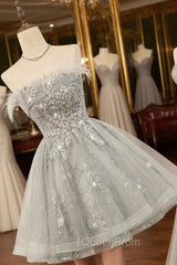 Gray Strapless Tulle Short Evening Prom Dresses with Sequins, Cute A-Line Party Dresses