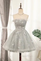 Gray Strapless Tulle Short Evening Prom Dresses with Sequins, Cute A-Line Party Dresses