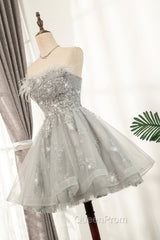 Gray Strapless Tulle Short Evening Prom Dresses with Sequins, Cute A-Line Party Dresses