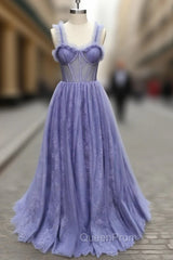 Gray Sweetheart Neck Tulle Lace Long Evening Prom Dresses Blue Evening Dresses