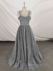 Gray Sweetheart Neck Tulle Lace Long Evening Prom Dresses Blue Evening Dresses