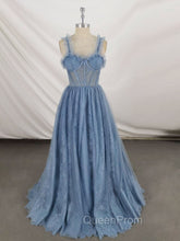 Gray Sweetheart Neck Tulle Lace Long Evening Prom Dresses Blue Evening Dresses