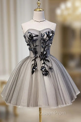 Gray Sweetheart Neck Tulle Lace Short Evening Prom Dresses, Cute Homecoming Dresses