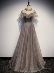 Gray Tulle Backless Cap Sleeve Sequins Prom Dress