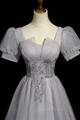Gray Tulle Beaded Long Evening Prom Dresses, A-Line Short Sleeve Evening Party Dresses