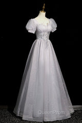 Gray Tulle Beaded Long Evening Prom Dresses, A-Line Short Sleeve Evening Party Dresses