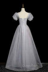 Gray Tulle Beaded Long Evening Prom Dresses, A-Line Short Sleeve Evening Party Dresses