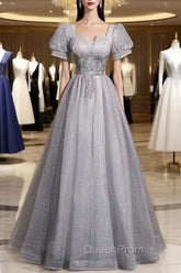 Gray Tulle Beaded Long Evening Prom Dresses, A-Line Short Sleeve Evening Party Dresses