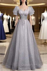Gray Tulle Beaded Long Evening Prom Dresses, A-Line Short Sleeve Evening Party Dresses