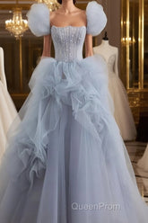 Gray tulle beads long Evening Prom Dresses, gray tulle formal Dresses