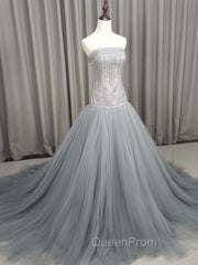 Gray Tulle Beads Long Evening Prom Dresses Gray Tulle Evening Graduation Dresses