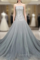 Gray Tulle Beads Long Evening Prom Dresses Gray Tulle Evening Graduation Dresses