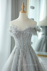 Gray Tulle Lace Floor Length Evening Dresses, Off the Shoulder Evening Prom Dresses