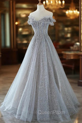 Gray Tulle Lace Floor Length Evening Dresses, Off the Shoulder Evening Prom Dresses