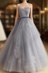 Gray Tulle Lace Long Evening Prom Dresses, Gray Ball Gown Evening Dresses