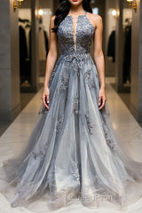 Gray tulle lace long Evening Prom Dresses gray tulle lace formal Dresses