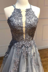 Gray tulle lace long Evening Prom Dresses gray tulle lace formal Dresses
