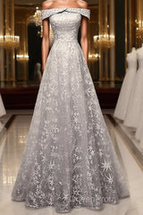 Gray tulle lace long Evening Prom Dresses, lace tulle bridesmaid Dresses