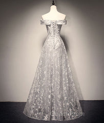 Gray tulle lace long Evening Prom Dresses, lace tulle bridesmaid Dresses