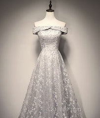 Gray tulle lace long Evening Prom Dresses, lace tulle bridesmaid Dresses