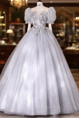 Gray Tulle Long A-Line Ball Gown, Gray Short Sleeve Evening Gown