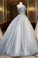 Gray Tulle Long A-Line Evening Prom Dresses, Gray Strapless Evening Gown