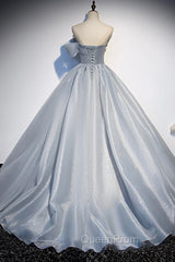 Gray Tulle Long A-Line Evening Prom Dresses, Gray Strapless Evening Gown