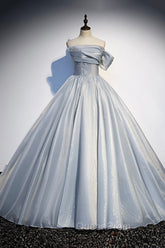 Gray Tulle Long A-Line Evening Prom Dresses, Gray Strapless Evening Gown