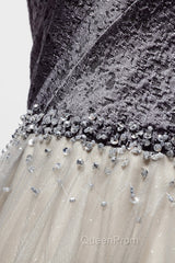 Gray Tulle Long A-Line Evening Prom Dresses, V-Neck Spaghetti Straps Evening Dresses