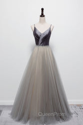 Gray Tulle Long A-Line Evening Prom Dresses, V-Neck Spaghetti Straps Evening Dresses