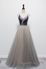 Gray Tulle Long A-Line Evening Prom Dresses, V-Neck Spaghetti Straps Evening Dresses
