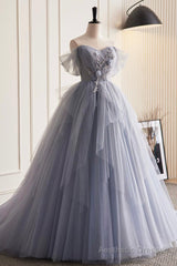 Gray Tulle Long Prom Dress, Off Shoulder Evening Dress Party Dress