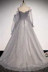 Gray Tulle Long Sleeve A-Line Evening Prom Dresses, Spaghetti Straps Evening Dresses
