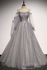 Gray Tulle Long Sleeve A-Line Evening Prom Dresses, Spaghetti Straps Evening Dresses