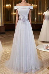 Gray tulle off shoulder lace long Evening Prom Dresses gray tulle formal Dresses