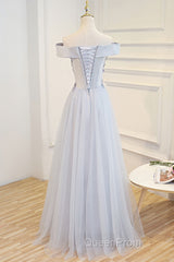 Gray tulle off shoulder lace long Evening Prom Dresses gray tulle formal Dresses