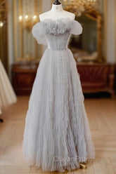 Gray Tulle Off Shoulder Long Evening Prom Dresses, Gray Evening Dresses