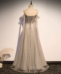 Gray Tulle One Shoulder Long Evening Prom Dresses, Gray Evening Graduation Dresses with Beading